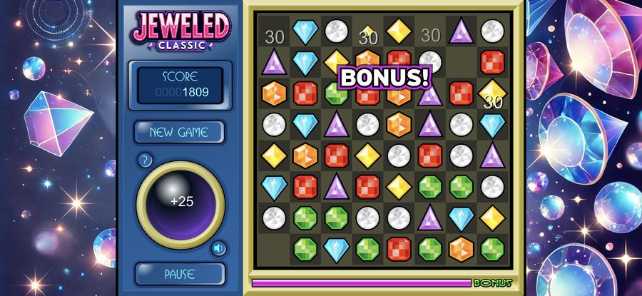 The word BONUS in large letters across the gem board, at the moment the meter reaches the top.