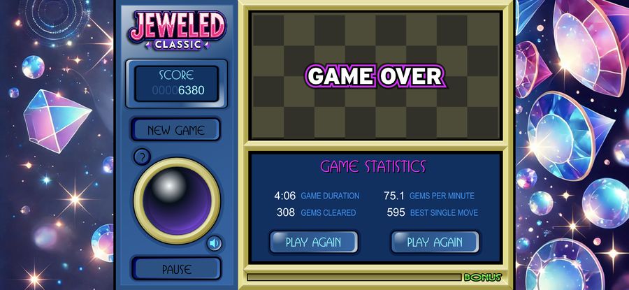 The end-of-game screen, listing game duration, gems cleared, gems per minute and best single move.