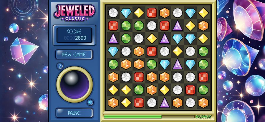 Gameplay in landscape: an 8×8 grid of colored gems, with the score in the side panel and the BONUS bar running under the board.